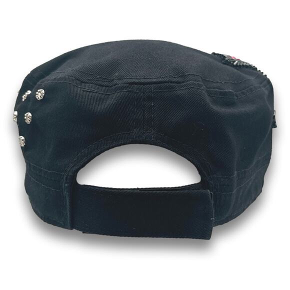 Black Army Cadet Hat Flower Beaded Sequins Round Top Distressed BDU Castro Cap - Picture 5 of 7